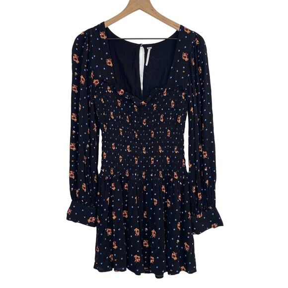Free People Mini Dress Womens Size XS Black Two Faces Printed Long Bishop Sleeve - Picture 3 of 9